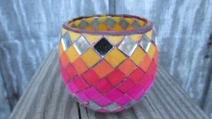 NEW FIMO Polymer Clay Covered Glass Globe Votive Candle Holder Oraqnge Mosaic - Picture 1 of 3
