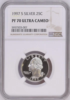 :1997-S S25C WASHINGTON QUARTER NGC SILVER PROOF PR 70 UCAM RARITY R3 TOP POP - Image 1 of 2