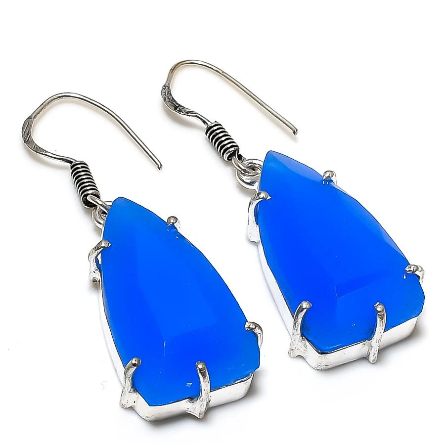 Pendientes enchapados en plata con piedras preciosas de calcedonia azul joyería 2" Foto 1 de 1