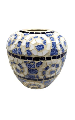 Jarrón de piso grande vintage años 80 con patrón de remolino de mosaico azulejo azul y blanco. Foto 1 de 3
