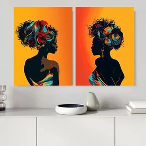 2pcs Vibrant Afro Silhouette Female Portraits Wall Art Canvas Unframed - Picture 1 of 6