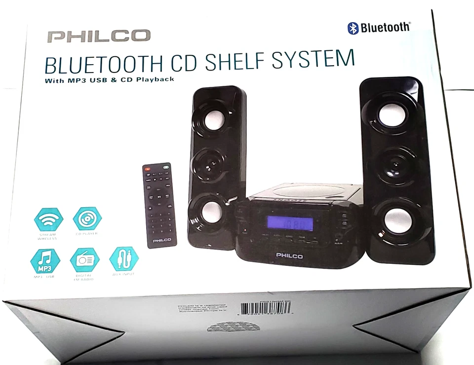 PHILCO BLUETOOTH CD SHELF SySTEM BLACK MP3 USB & CD PLAYBACK FM AUX RADIO REMOTE