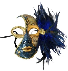 Hand Crafted Venetian Masquerade Mardi Gras Mask Blue Gold Feathers Paper Mache - Picture 1 of 11
