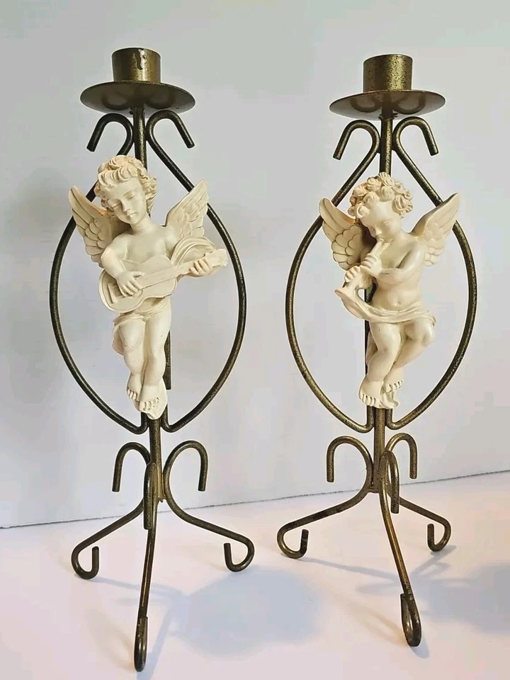 2 candelabros cónicos de metal de inspiración vintage de resina blanca querubín ángel 11" Foto 1 de 4