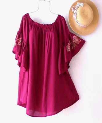 New~Burgundy Wine Peach Embroidered Sleeve Peasant Boho Plus Size Dress~1X/2X - Image 1 of 3