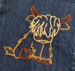 Kids Size 5T Jeans with hand embroidered Highland Cow accent on Left pant Leg! - Picture 1 of 9