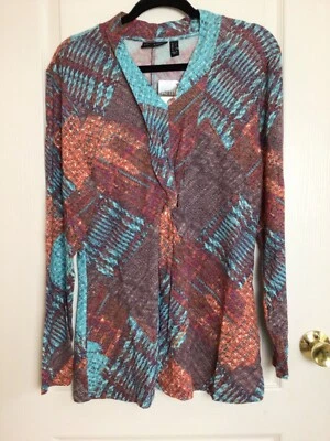 Attitudes by Renee viscose blend plaid illusion v neck twist detail slinky top L - Image 1 of 4