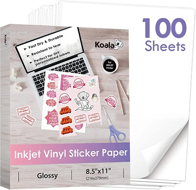 Bulk 100 Printable Vinyl Sticker Paper Glossy White Waterproof Inkjet Laser - Image 1 of 4