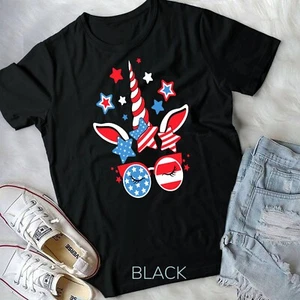 4th Of July Unicorn American USA Flag Patriotic Girls Kids Unisex T-shirt - Picture 1 of 11