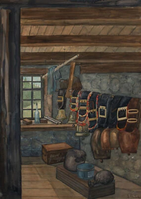 Interieur Almhütte Kuhglocken Alois Prutschis Mönch signiert Aquarell 1939 - Bild 1 von 4