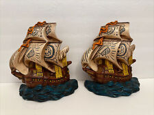 2 Vintage Atlantic Mold SAILING SHIP Handpainted Nautical Bookends Wall Plaques 