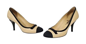 CHANEL Beige & Black Interlocking CC Grosgrain Bow Cap Toe Pumps 37.5 / 7.5 - Picture 1 of 14