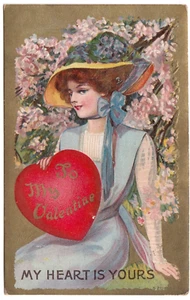 Mein Herz gehört dir ~ schöne Dame vor Fliedern ~ Vintage Valentinstag Postkarte - Bild 1 von 2