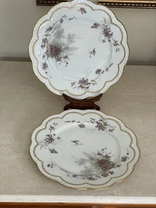 H & C France Haviland Limoges Scalloped Double Gold Plate Purple Flora Set Of 2! - Picture 1 of 11