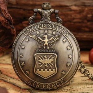 Bronze USA Air Force Men Women Analog Quartz Pocket Watch Necklace Chain Gift - Picture 1 of 9