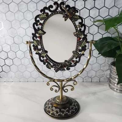 Table Top Swivel Mirror Enamel Rhinestone Flower Butterflies - Image 1 of 4