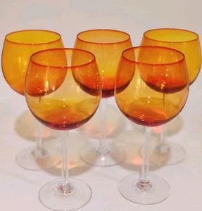 5  Pier 1 Blown Balloon Water Wine Goblet Glasses ORANGE Ombre 16 Oz 8.5" Tall  - Picture 1 of 2