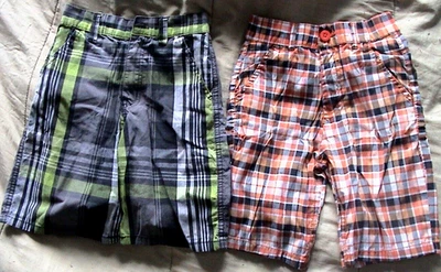 *2* PAIR of PLAID SHORTS-GRAY/GREEN & ORANGE/WHITE-BOYS SIZE 6-PRE*OWNED - Image 1 of 4