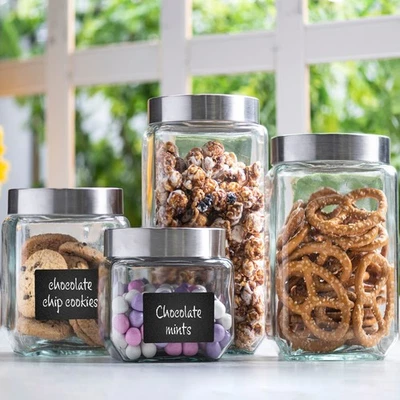 4pc Glass Cookie Jars Sets | Airtight Food Storage Canisters with Lids & Labels Foto 1 de 4