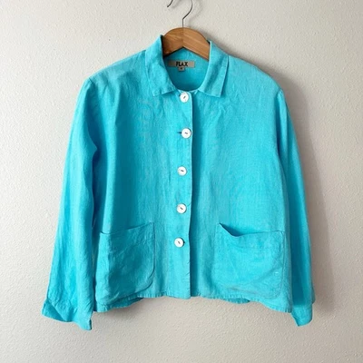 Flax Abalone Light Blue 100% Linen Button Up Shirt Jacket Women's Size Small - Image 1 of 4