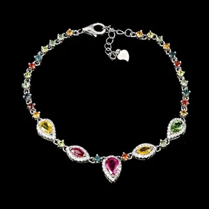 925 Sterling Silver Bracelet Pear Ruby 7x5mm Sapphire Gemstone Jewelry 7.5 Inch - Picture 1 of 14