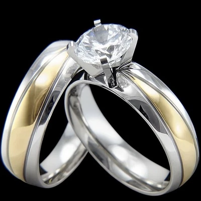 Anillo de compromiso de acero inoxidable nupcial circonita cúbica conjunto de alianza para mujer Foto 1 de 4