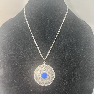 Vintage Signed W Germany Blue Cloisonne Pendant Aluminum Silver Tone Necklace - Picture 1 of 4