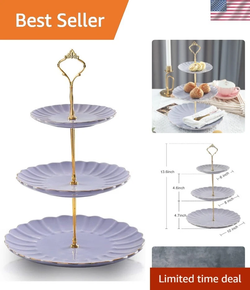 Elegante soporte para pasteles de cerámica de 3 niveles en púrpura - Perfecto para bodas y fiestas de té Foto 1 de 4