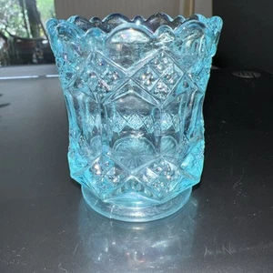 Vintage Imperial Ice Blue Glass Diamond Panel Toothpick Holder Iridescent Finish - Picture 1 of 12