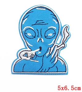 UFO - Smoking Blue Alien Iron On Patch Alien UFO - Ancient Visitors? LX78 - Picture 1 of 1