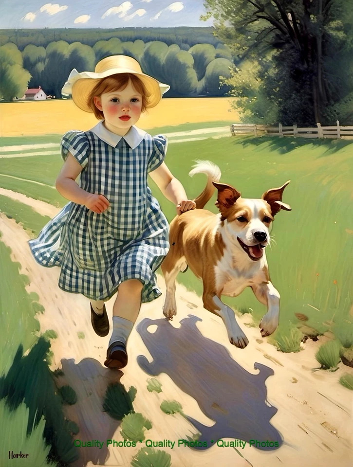 Impressão fotográfica estilo de arte cassat/harker menina e cachorro correndo trilha sujeira 8,5x11" - Imagem 1 de 1