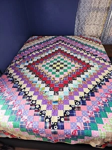 Handstitched Vintage Quilt Flour Sac Square Queen Stunning Color - Picture 1 of 12