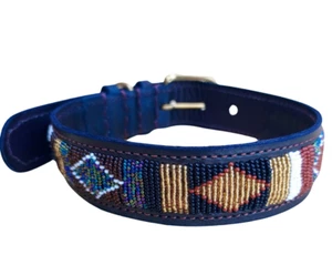 Beaded Leather Dog Collar&Leash Africa Maasai Multicolor Custom Pet Name XXS-XXL - Picture 1 of 12