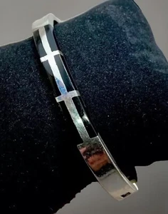 Modernist Onyx Inlay 925 Sterling Plate Oval Hinged Bangle 7” Inner 26.3g - Picture 1 of 9