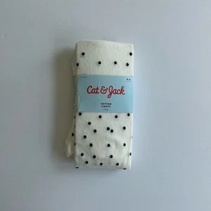 Cat & Jack Girls' Cotton Tights - White with Black Polka Dots (Size 4-6) - Picture 1 of 2