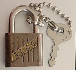Vintage Miniature ALCO Brass Lock  & Key: 1-1/8" In Total Height - Picture 1 of 2