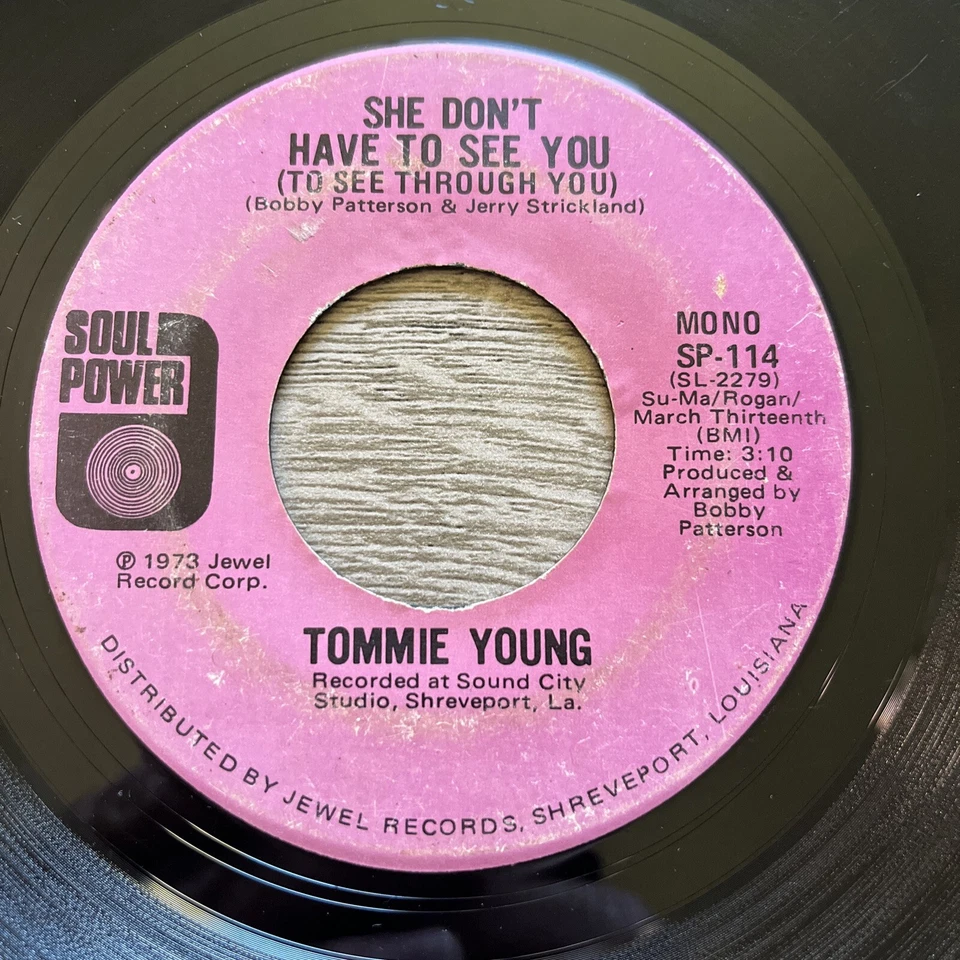 DEEP FUNK / SOUL:  TOMMIE YOUNG - SHE DON'T HAVE TO SEE YOU 45 Soul Power 1973  - Image 1 of 4