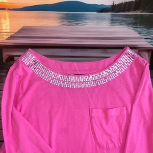 Christine Alexander Pink Crystal Neck 3/4 Sleeve Dressy Stretchy Top Size M Stud - Picture 1 of 8