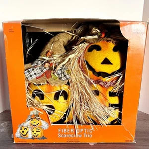 VTG Gemmy Fiber Optic 3 Pumpkins Trio Scarecrows Changing Colors Jack O Lantern  - Picture 1 of 11