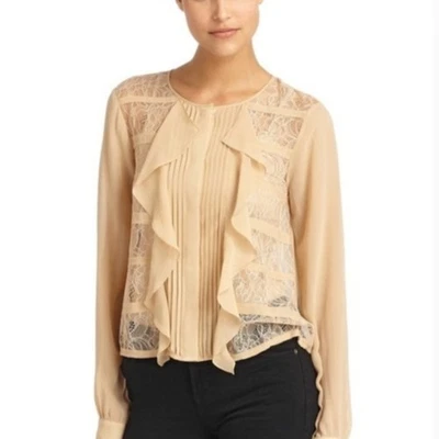 Top de encaje 100 % seda beige tostado victoriano coqueta romántico minimalista recatado desnudo Foto 1 de 4