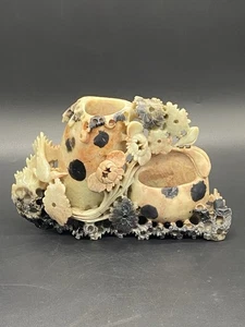 Vintage chinesische Specksteinbürste Waschmaschine Tintentopf handgeschnitzt Vögel Blumen 14" x 23" - Bild 1 von 16