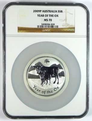 2009 $8 Australian Lunar - Year of the Ox 5 Oz .999 Fine Silver Coin - NGC MS 70 - Image 1 of 3