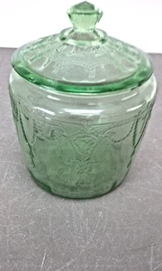 vtg Green Depression Cameo Ballerina Pattern Glass Cookie Biscuit Jar Canister - Picture 1 of 20