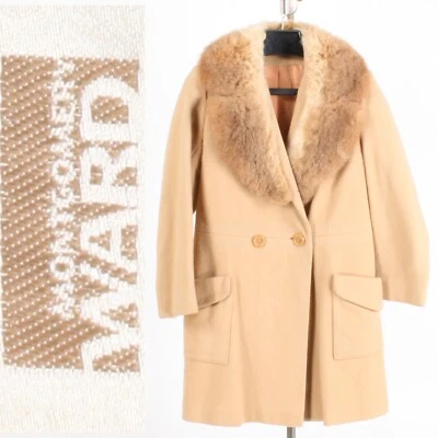 M Vintage Montgomery Ward Beige Wool Real Fur Shearling Collar Boxy Jacket Coat - Image 1 of 4