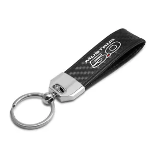 Black Leather & Carbon Fiber Key Chain Black Stitching - Ford Mustang 5.0 - Picture 1 of 4