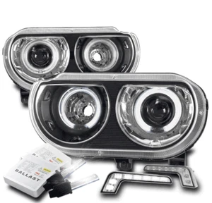 FOR 08-14 DODGE CHALLENGER CCFL HALO BLACK PROJECTOR HEADLIGHTS W/LED DRL+6K HID - Picture 1 of 4