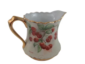 Hand Painted Ceramic Pitcher J.K. Scott Victorian Cherries Gold Accents Vintage - Picture 1 of 5