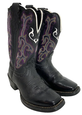 Justin 2554JR Estampida Negro Púrpura Puntera Cuadrada Cuero Botas Vaqueras Niño Pequeño 8.5D Foto 1 de 4