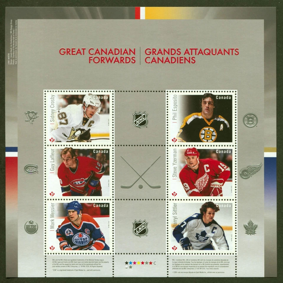 Canada Sc# 2941, Great NHL Hockey Forwards, 2016 Sheet of 6, VF/XF MNH No Faults - Image 1 of 1