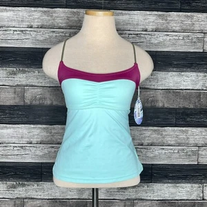 PrAna Makoa Tankini Swim Top Size XS Blue Colorblock Tie Back Stretch Logo NEW - Picture 1 of 10
